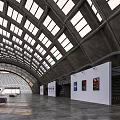 Modern Open Exhibition Hall with Arched Glass Roof White Walls and Displayed Artworks