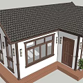 White Exterior Single Family House With Dark Roof Large Glass Door And Wooden Porch