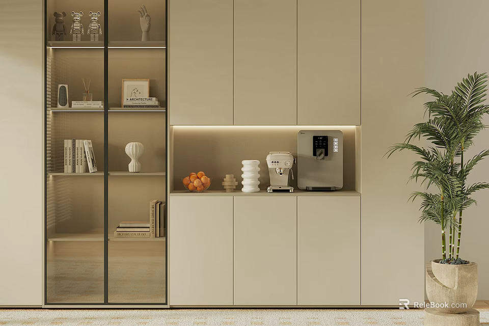 Modern Cabinet with Glass Door Built-in LED Strip Storage Coffee Machine Decor and Green Plant 3d model 