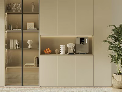 Modern Cabinet with Glass Door Built-in LED Strip Storage Coffee Machine Decor and Green Plant 3d model