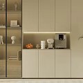 Modern Cabinet with Glass Door Built-in LED Strip Storage Coffee Machine Decor and Green Plant