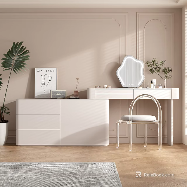 Modern White Dressing Table Interior With Stylish Mirror And Comfortable Chair 3d model