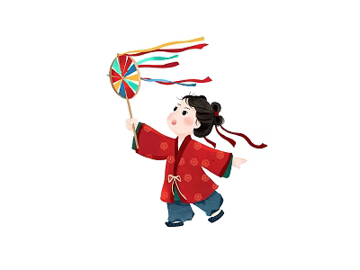 Smiling Anime Game Character In Red Traditional Costume With Twin Tails Holding Colorful Windmill Running 3d model