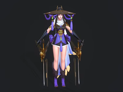 Elegant Female Character In Traditional Purple White Outfit With Wide Brimmed Hat And Golden Weapons 3d model