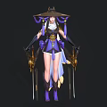 Elegant Female Character In Traditional Purple White Outfit With Wide Brimmed Hat And Golden Weapons