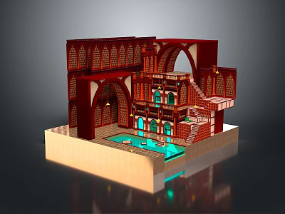 Traditional Interior Scene With Arched Structures Wooden Decor And Water Pool 3d model