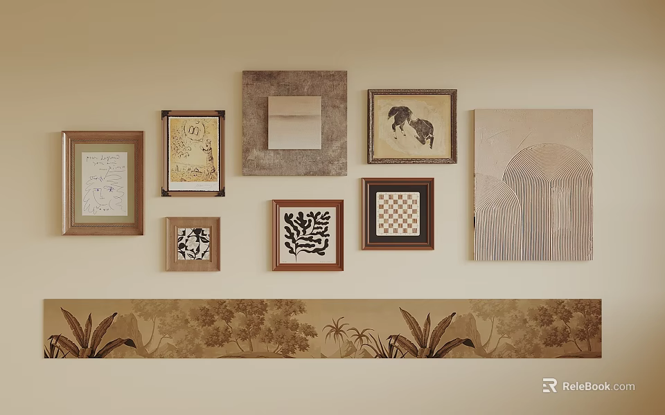 Botanical Art Collection With Framed Wall Decor And Plant Pattern Border 3d model