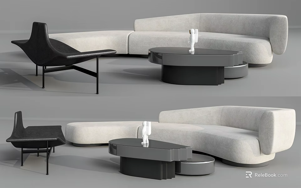 Modern Curved Sofa And Coffee Table Set With Upholstered Design And Round Metal Base 3d model 