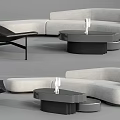 Modern Curved Sofa And Coffee Table Set With Upholstered Design And Round Metal Base