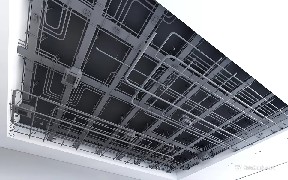 Modern Industrial Ceiling Design With Metal Grid Framework And Pipe Layout 3d model 