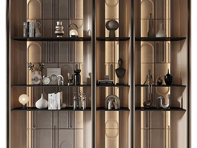 Modern Display Cabinet With Multiple Shelves Holding Vases Sculptures Books And Lamps 3d model