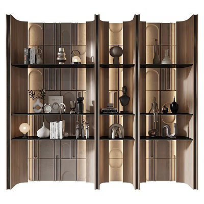 Modern Display Cabinet With Multiple Shelves Holding Vases Sculptures Books And Lamps 3d model