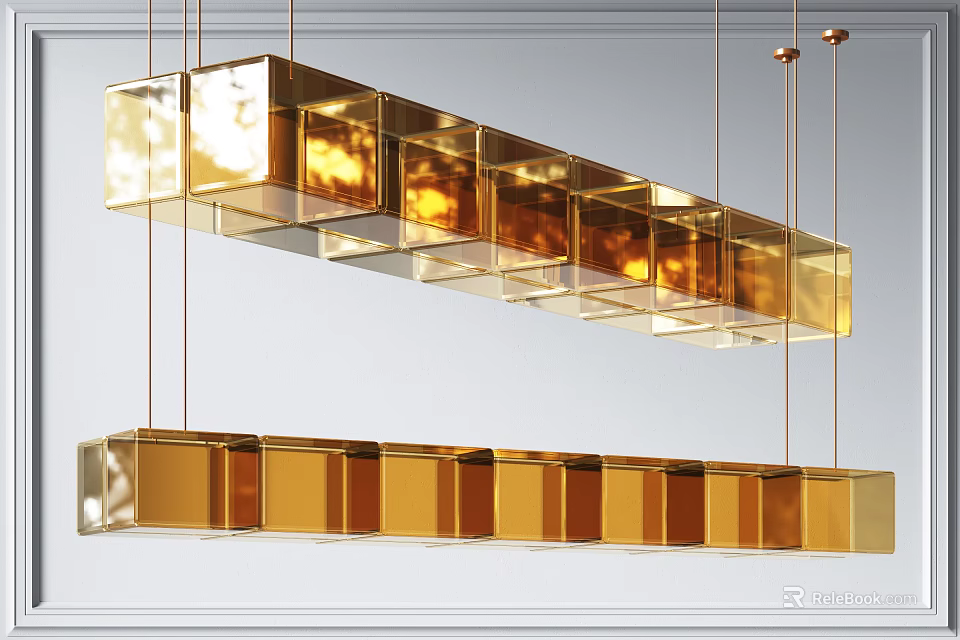 Stylish Modern Gold Pendant Light With Hanging Rectangular Metal Cube Structure Design 3d model