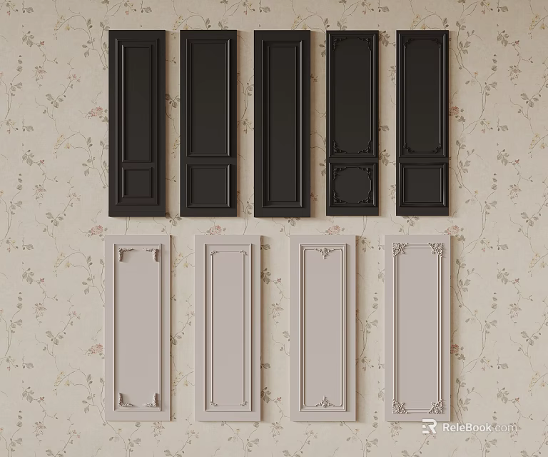 Various Black And Light Colored Cabinet Door Panels With Different Designs On Wallpaper Background 3d model 