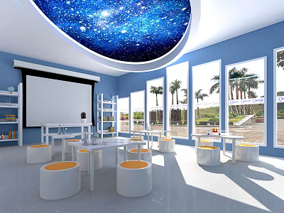 Modern Laboratory Interior with Starry Ceiling Projection Screen White Tables and Large Windows 3d model