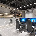 Modern Gaming Cafe Interior With Multiple Gaming PCs Ergonomic Chairs And Wooden Panel Walls