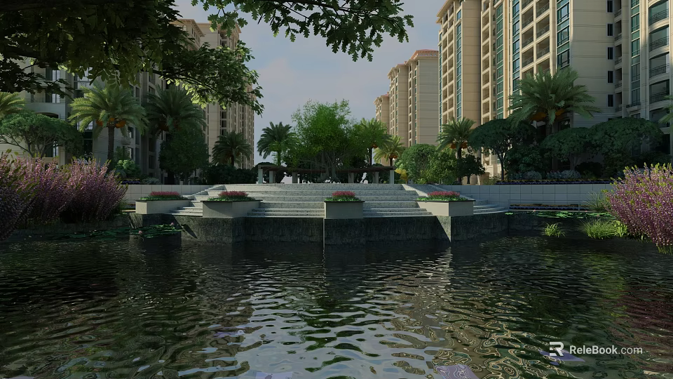Residential Garden Landscape with High Rise Buildings Water Pond Steps Lush Greenery and Calm Reflections 3d model 