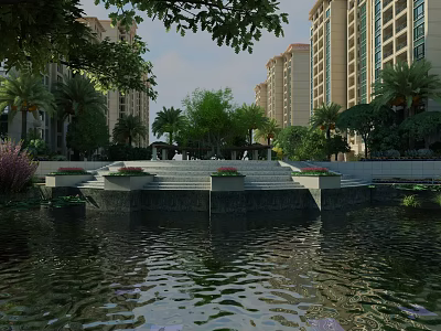 Residential Garden Landscape with High Rise Buildings Water Pond Steps Lush Greenery and Calm Reflections 3d model