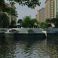 Residential Garden Landscape with High Rise Buildings Water Pond Steps Lush Greenery and Calm Reflections