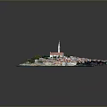 Scenic Island Landscape With Red Rooftops White Church And Blue Coastal Water