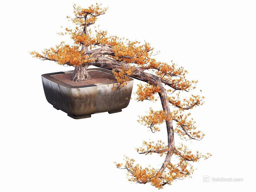 Unique Bonsai Tree With Curved Branches And Orange Yellow Leaves In Square Pot 3d model 