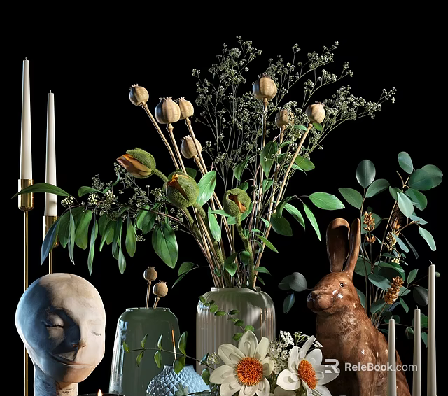 Elegant Home Decorative Ornament Set With Green Plants Dried Flowers Rabbit Figurine Mask And Candles 3d model 