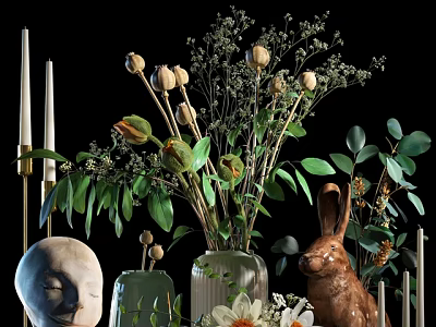 Elegant Home Decorative Ornament Set With Green Plants Dried Flowers Rabbit Figurine Mask And Candles 3d model
