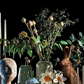 Elegant Home Decorative Ornament Set With Green Plants Dried Flowers Rabbit Figurine Mask And Candles
