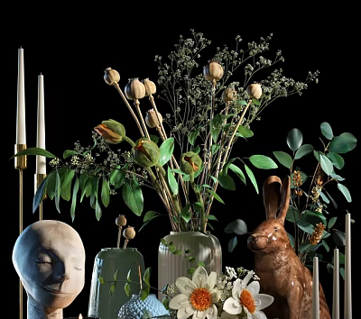 Elegant Home Decorative Ornament Set With Green Plants Dried Flowers Rabbit Figurine Mask And Candles 3d model