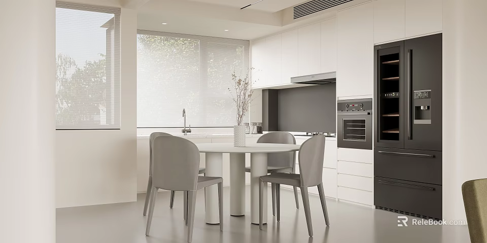 Modern Dining Room Interior With Round Table Gray Chairs White Cabinets Vase And Wine Cooler 3d model 