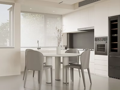 Modern Dining Room Interior With Round Table Gray Chairs White Cabinets Vase And Wine Cooler 3d model