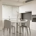 Modern Dining Room Interior With Round Table Gray Chairs White Cabinets Vase And Wine Cooler