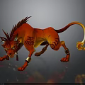 Red Lion Shaped Mythical Creature With Fiery Tail Horns Tattoos Golden Ornaments And Dynamic Pose