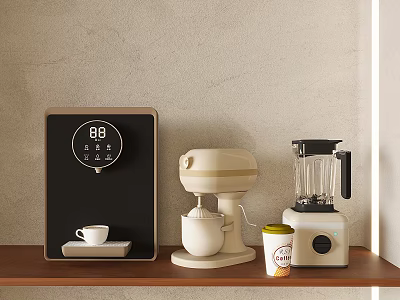 Modern Minimalist Kitchen Countertop Appliances on Wooden Shelf with Light Wall 3d model