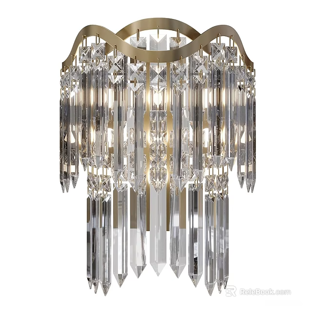 Elegant Crystal Wall Lamp With Gold Frame And Hanging Pendants Design 3d model 
