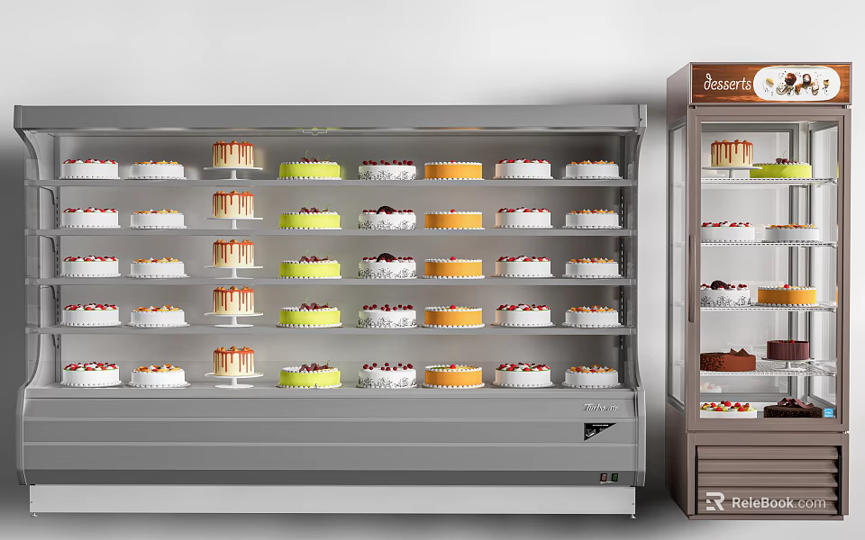 Refrigerated Display Freezer With Multiple Shelves Holding Various Cakes In Bakery 3d model 