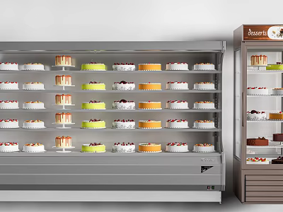 Refrigerated Display Freezer With Multiple Shelves Holding Various Cakes In Bakery 3d model