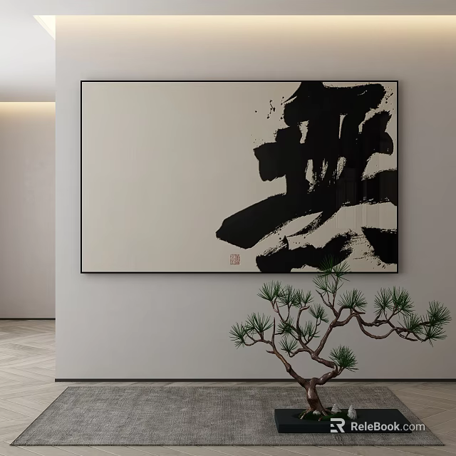 Chinese Calligraphy Artwork With Black Brush Strokes And Small Pine Tree Plant In Minimalist Interior 3d model 
