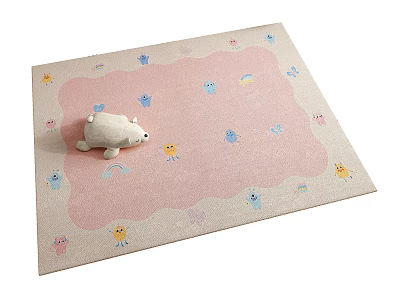 Soft Square Pink Rug With Beige Border And Cute Cartoon Animal Cloud Rainbow Patterns 3d model