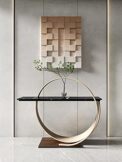 Modern Console Table with Circular Frame Black Countertop Green Plant and Geometric Wall Decor 3d model