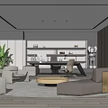 Modern Office Interior Design With Executive Desk Comfortable Sofa Green Plant And Art Sculpture