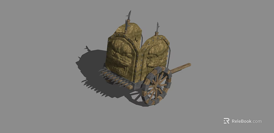 Ancient War Chariot With Wooden Wheels And Spiked Front Stone Containers 3d model 