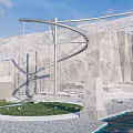 Silver Slide Amusement Equipment With Grey Rock Wall Green Grass And White Platform