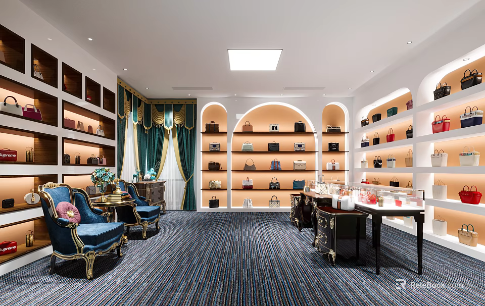 Elegant Luxury Boutique Interior With Display Shelves Leather Bags Comfortable Seats And Soft Carpets 3d model 