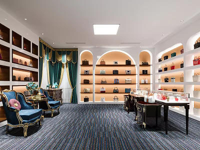 Elegant Luxury Boutique Interior With Display Shelves Leather Bags Comfortable Seats And Soft Carpets 3d model