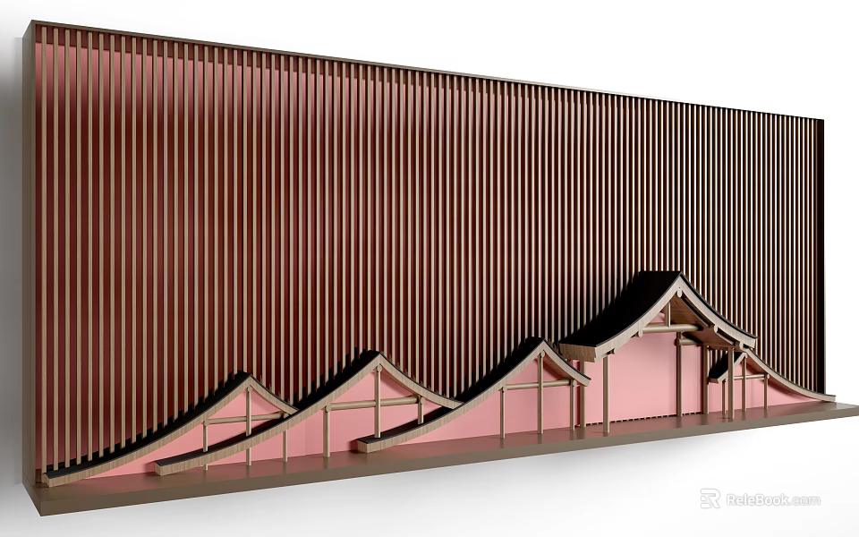 Modern Brown Vertical Striped Background Wall With Pink Base And Wavy Roof Design 3d model 