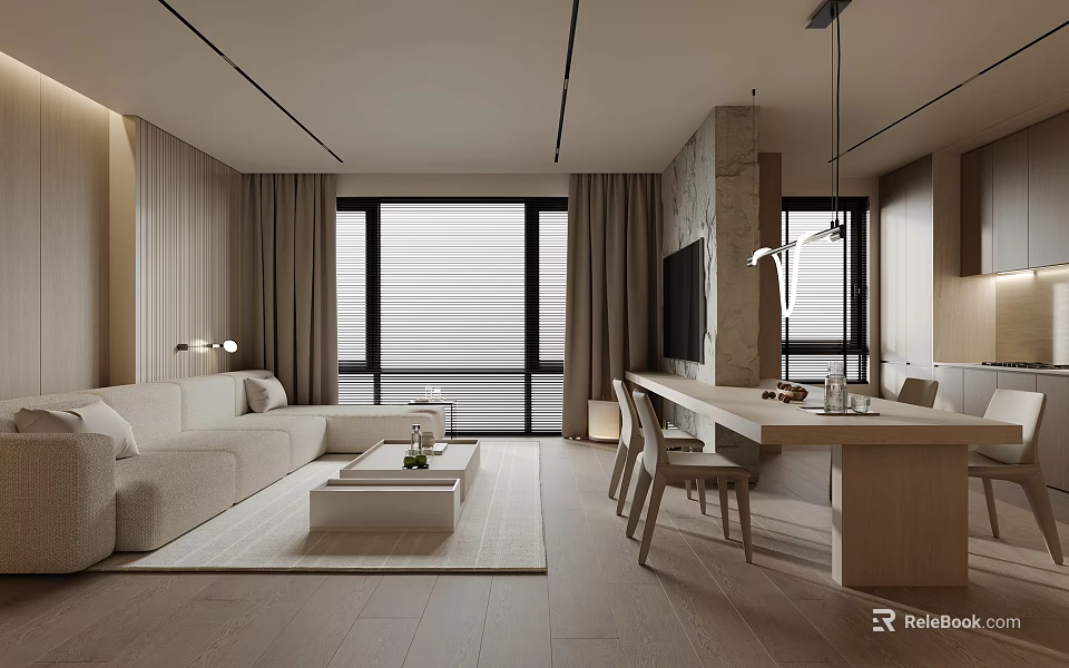 Modern Minimalist Open Plan Living And Dining Room With Warm Neutral Interior Design 3d model 