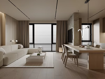 Modern Minimalist Open Plan Living And Dining Room With Warm Neutral Interior Design 3d model
