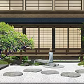 Karesansui Japanese Garden With Wooden Pavilion Cherry Blossoms And Stone Lanterns