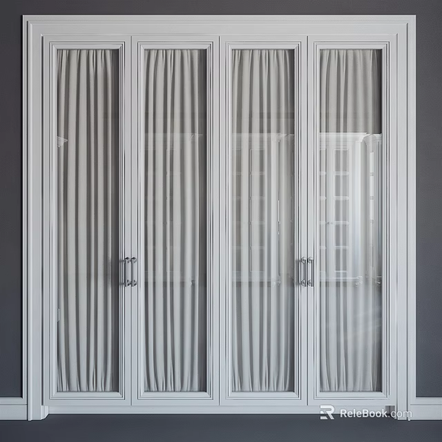 Modern White Decorative Cabinet with Striped Glass Doors and Metal Handles in Minimalist Design 3d model 